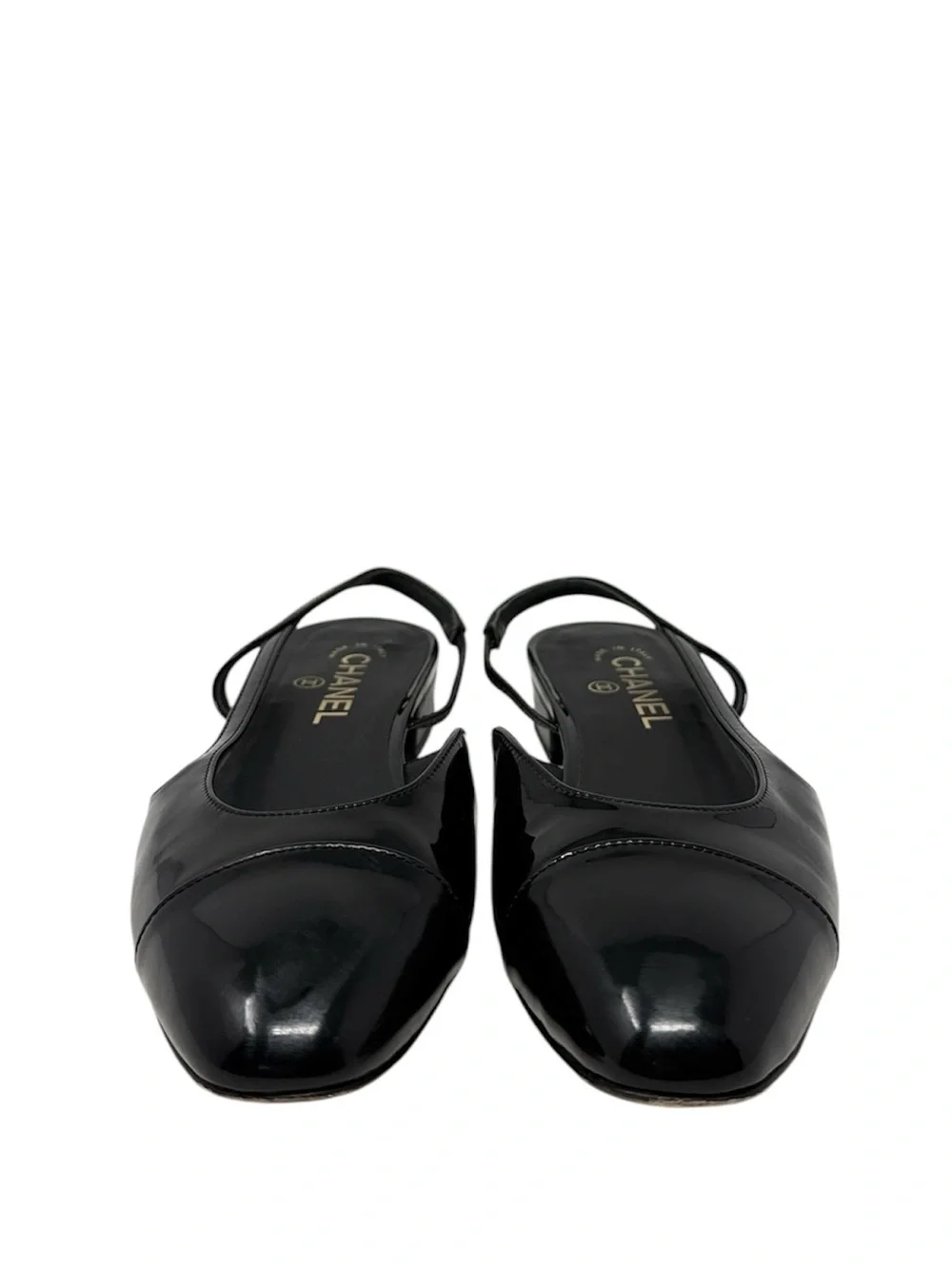 Chanel CC Black Patent Leather Cap Toe Slingback Flats Size 39C